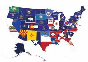 Sticker carte USA avec drapeaux